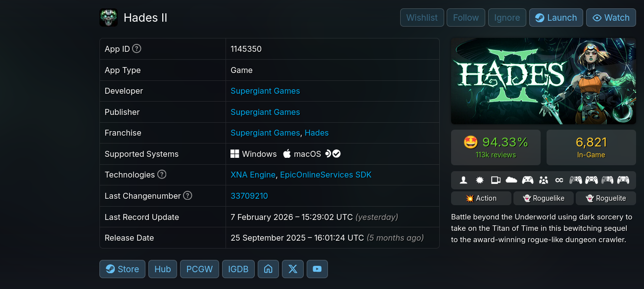 Hades II SteamDB page