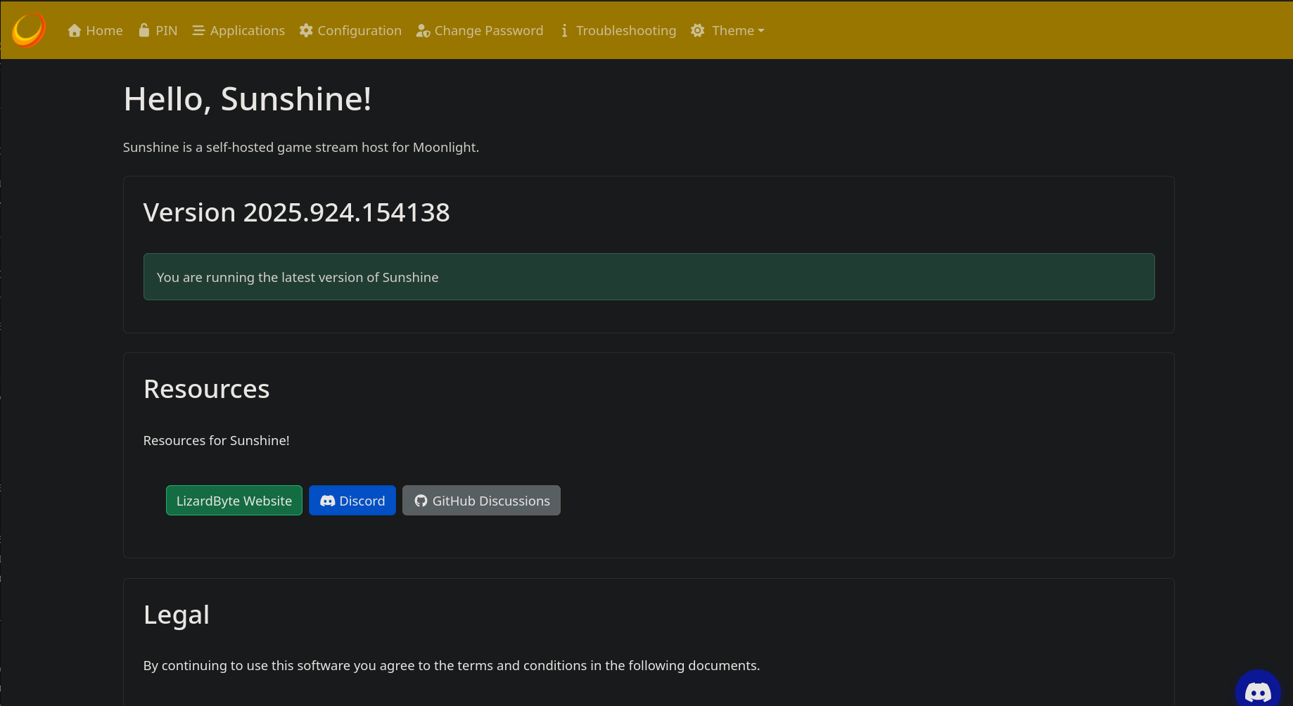 Sunshine WebUI Homepage
